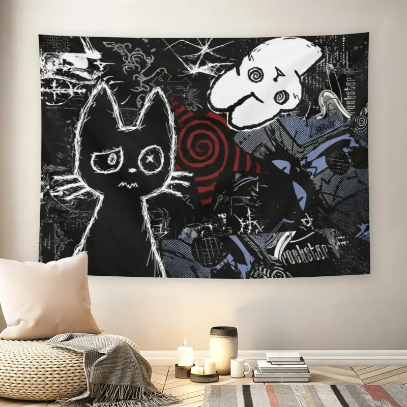 Grunge Black Cat Collage Wall Flag - Tapestry Wall Hanging, Decorative Tapestry, Alternative Art Print, Mid-century Modern Black Flash Manga Style, Emo Aesthetic, For Adult Fans, Living Room, Bedroom, Dark Vibe Decor
