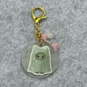 Adorable ghost Cat Keychain with Gold Chain and Pink Beads - Perfect for Keychains and Accessories