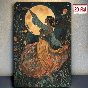Vintage Art Nouveau Style Dancer Under the Moonlight Metal Iron Sign, 8x12 Inches, Reusable Home, Garage, Club, Restaurant Wall Decor, Outdoor Hanging Sign with Pre-drilled Holes, Holiday Decoration