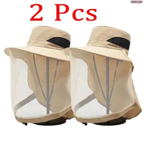 2PCS Mosquito Net Hat for Men and Women, Breathable Sun Protection Fishing Hat with Mesh Face Cover, Bug Proof Outdoor Bucket Hat for Camping, Hiking, Gardening, Fishing and Summer Travel