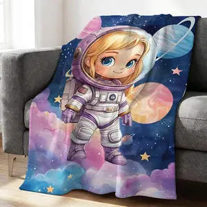 Astronaut Girl Pattern Blanket, Colorful Cartoon Space Art Throw Blanket, Cozy Flannel Blanket for Home Decor, Perfect for Camping, Traveling, Office Warmth, Dreamy Atmosphere, Gift Idea