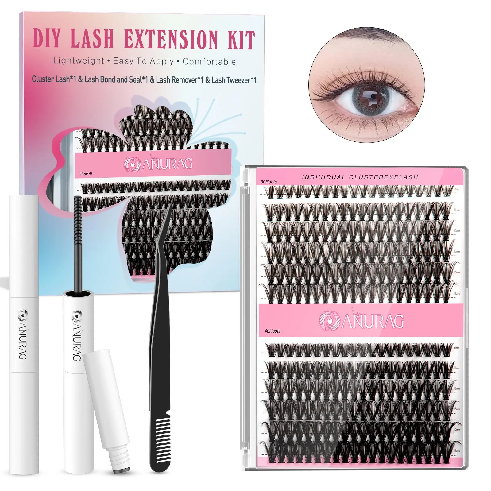 Individual Eyelash Kit, Includes Eyelash Bonding & Sealant, Eyelash Remover, Eyelash Applicator, Eyelash Bundle 240pcs, D Curl DIY Eyelash Extensions, Eyelash Curl, Ultra Thin & Soft, Christmas gifts, New Year gifts，#SummerWins #DealsForYouDays