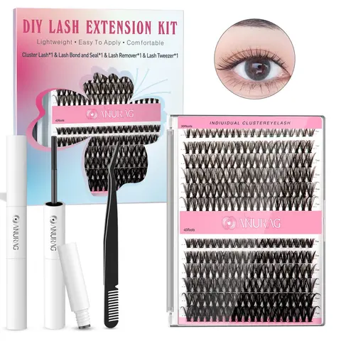 DIY Cluster Lashes Assortment Kit - 240pcs Cosmetic D-Curl Fluffy Lash Clusters, Includes Bond Sealant, Remover, Applicator, Ultra-Thin Soft Natural Eyelash Extensions for Adults, Holiday Gift