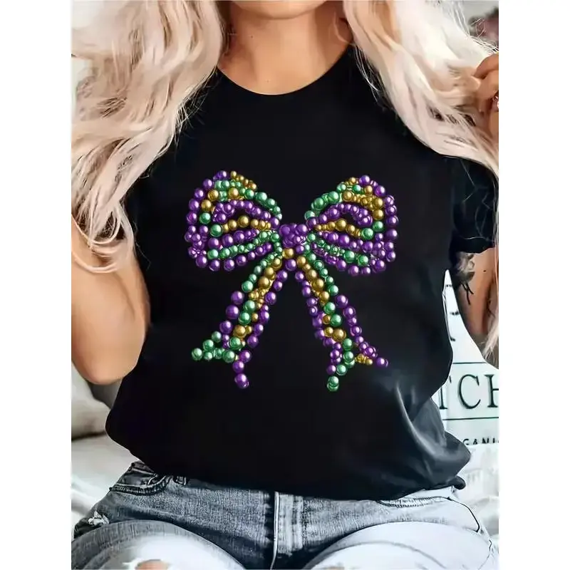 Ladies' Mardi Gras T Shirt With Pearl Bead Design Black Short Sleeve Crew Neck Casual Vibrant Accents Medium Stretch Machine Washable For Spring