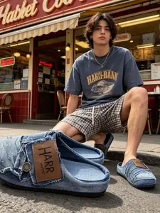 New Hole Design Trendy Men's Shoes, Versatile Sports Slippers for Daily Use, Retro Style Denim Sandals with Toe Caps, Comfortable Half Slippers, Walking Shoes