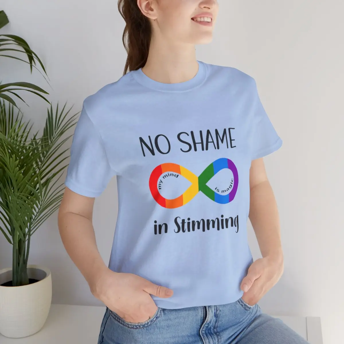 No Shame in Stimming T-Shirt – Show your support for neurodiversity and self-expression with this empowering tee.Featuring a vibrant infinity symbol and the phrase 'my mind is magic,perfect for spreading awareness and embracing stimming without shame.