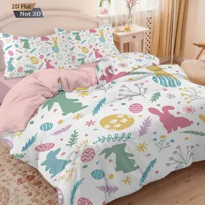 3pcs Easter Bunny Egg Floral Theme Duvet Cover Set, 2D Flat Print, Includes 1 Duvet Cover & 2 Pillowcases, Excludes Duvet and Pillow Inserts, Soft Comfortable, Suitable for Bedrooms, Hotels, School Dormitories, Perfect Gift for Easter