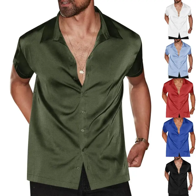 PASLTER Men's Luxurious Satin Silk Short-Sleeve Collared Neck Casual Button Shirt - Straight Fit Flattering Silhouette Dress Top for Casual Wear, Prom; Matching Suggestions with Dress Pants