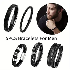 5 Pack Fashionable Leather Woven Magnetic Buckle Bracelet Multi-layer Steel Braided Cuff Bracelets for Men Fashion Accessories
