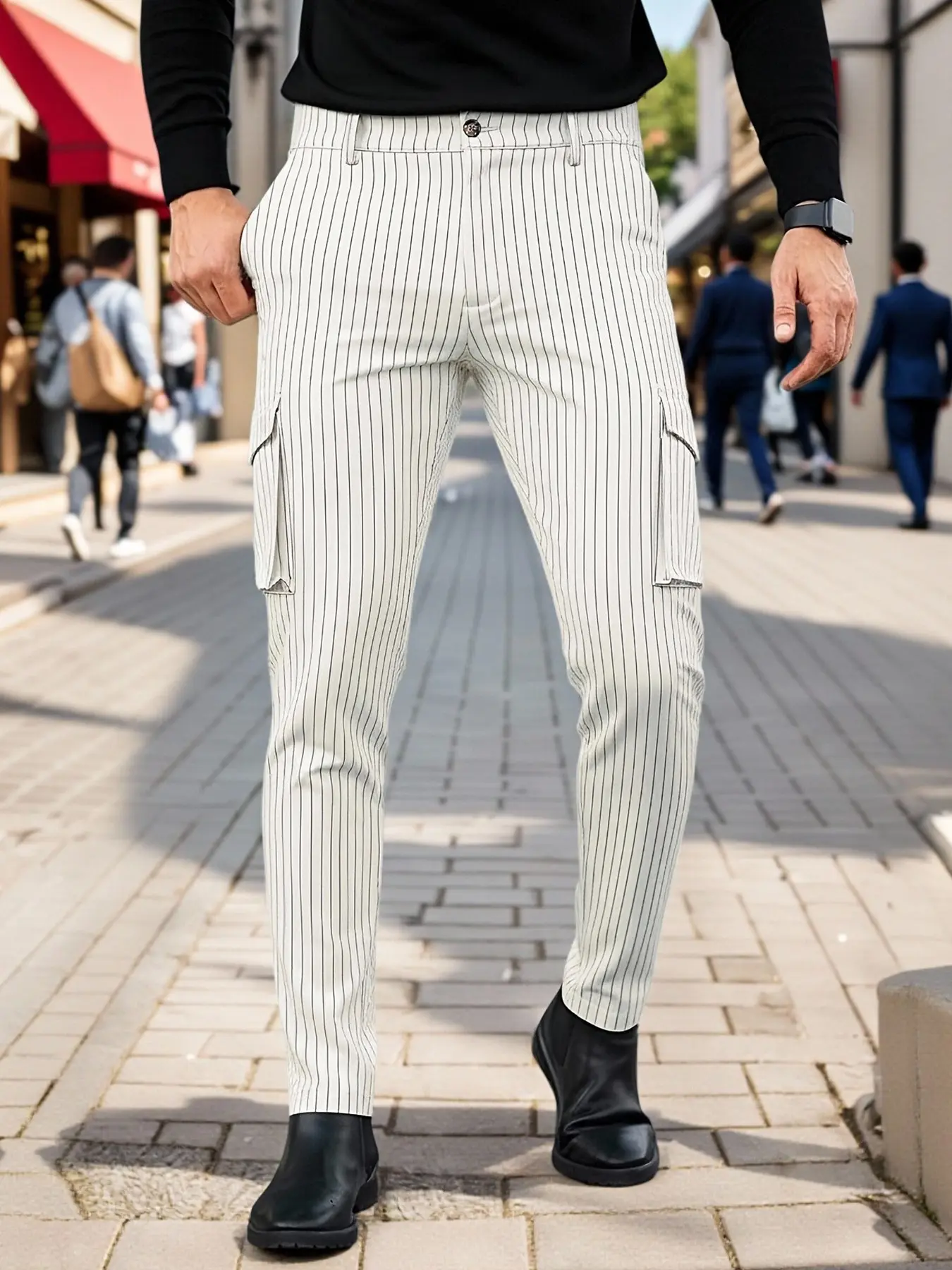 Men's Striped Vertical Stripe Workwear Casual Comfy Pants, Menswear Straight Leg Slim Fit Drop Waist Multi-Pocket Suit Pants, Youth Trendy Commuter Versatile Long Pants
