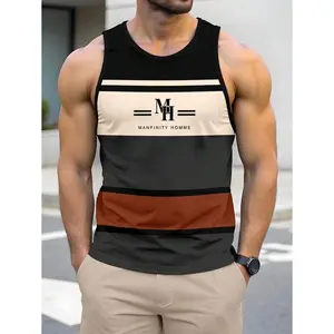 (Five-star review)Manfinity RelaxMax Minimalist Letter & Colorblock Striped Print Fashion Casual Men's Tank Top