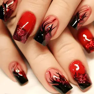 Red floral nail art patches with fiery patterns, fake nail patches with shimmering powder, personalized wearable nails