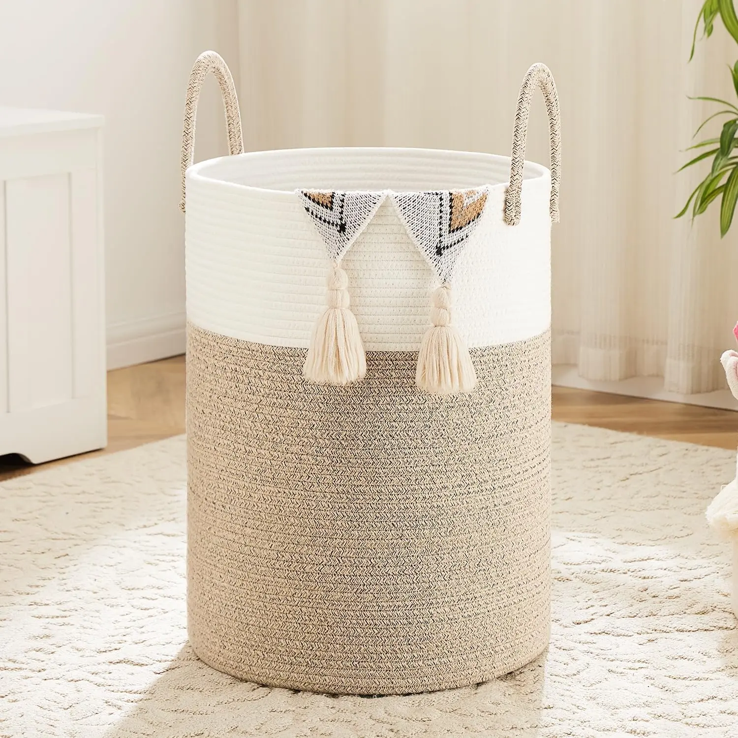 Classic Round Foldable Cotton Laundry Basket - 40-100L Eco-Friendly Woven Rope Hamper, Home Organizer for Dirty Clothes, Toys in Bathroom, Living Room (summerwins),