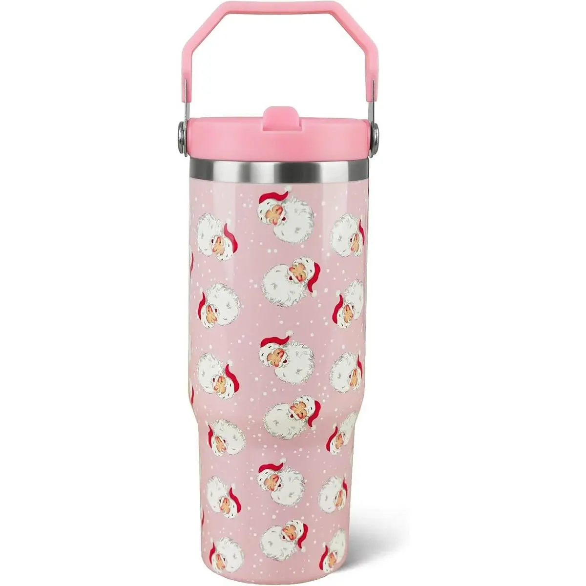 30 oz Stainless Steel Leak-Proof Insulated Christmas Beverage Tumbler - Tapered Base, Handle, Flip Straw, Lid, Santa Claus Design, Portable Kitchen Drinkware for Winter Gifting to Girl, Wife, Teachers, Mom
