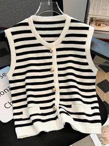 Women's Color Block Striped Cardigan Vest with Metal Buttons, Stylish and Elegant Knit Sweater for Spring and Autumn, Versatile Fashion Layering Piece