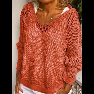 Women's Solid Hollow Out Sheer Hooded Sweater, Casual Drop Shoulder Long Sleeve Jumper, Sweaters Women, Crochet Clothes, Womenswear Tops Comfort