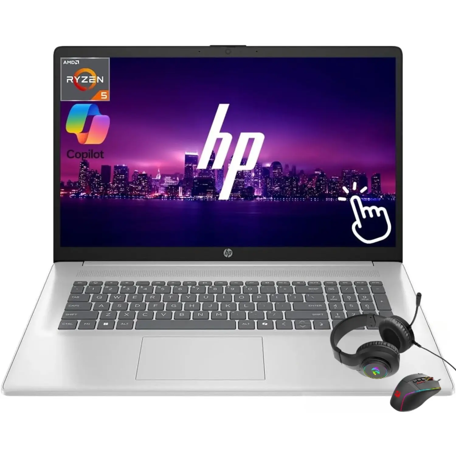 HP 17.3" Silver Business Touch Screen Laptop (Touch Screen, 2-in-1 Compatible) - AMD Ryzen 5 7430U (Up to 4.3 GHz), 8/16/32GB RAM, 256GB/512GB/1TB/2TB SSD, Dual Band Wi-Fi, Built-In Numeric Keyboard, Windows 11, w/Accessories, Touch Screen Laptops, 2-In-1