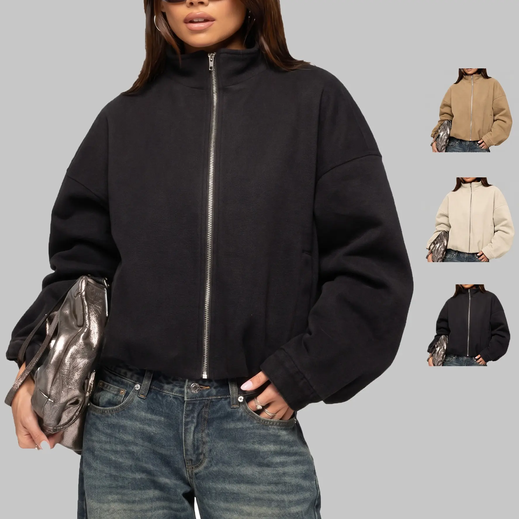 ZEAGOO Women's Minimalist Oversized Zipper-Front Bomber Jacket Long-Sleeve Loose-Fit Solid Outerwear with Patch Pocket, Machine-Made Casual Fall Winter