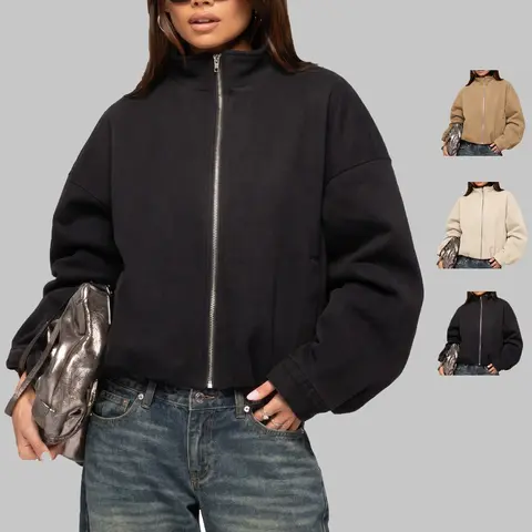 ZEAGOO Women's Minimalist Oversized Zipper-Front Faux Wool Bomber Jacket - Long-Sleeve Loose-Fit Solid Outerwear with Patch Pocket, Machine-Made Casual Fall Winter Outer Layer