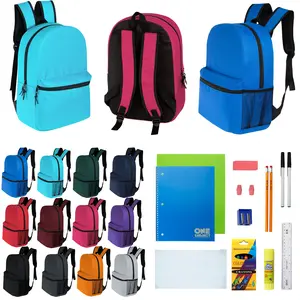 12 Wholesale 16" Basic Backpacks in 12 Assorted Colors & 12 Bulk School Supply Kits of Your Choice