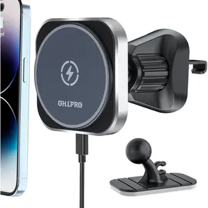 OHLPRO for MagSafe Car Charger, Magnetic Wireless Car Charger Mount with Fast Charging for iPhone 14/13/12 Mini/Pro/Pro Max/Plus, Stick on Dashboard, Air Vent Hook Car Phone Holder, Aluminum