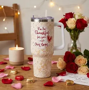 Valentine Love Quote 40oz Tumbler with Handle, Insulated Stainless Steel Travel Cup, Romantic Heart Design Gift for Her, Reusable Cold Drink Mug