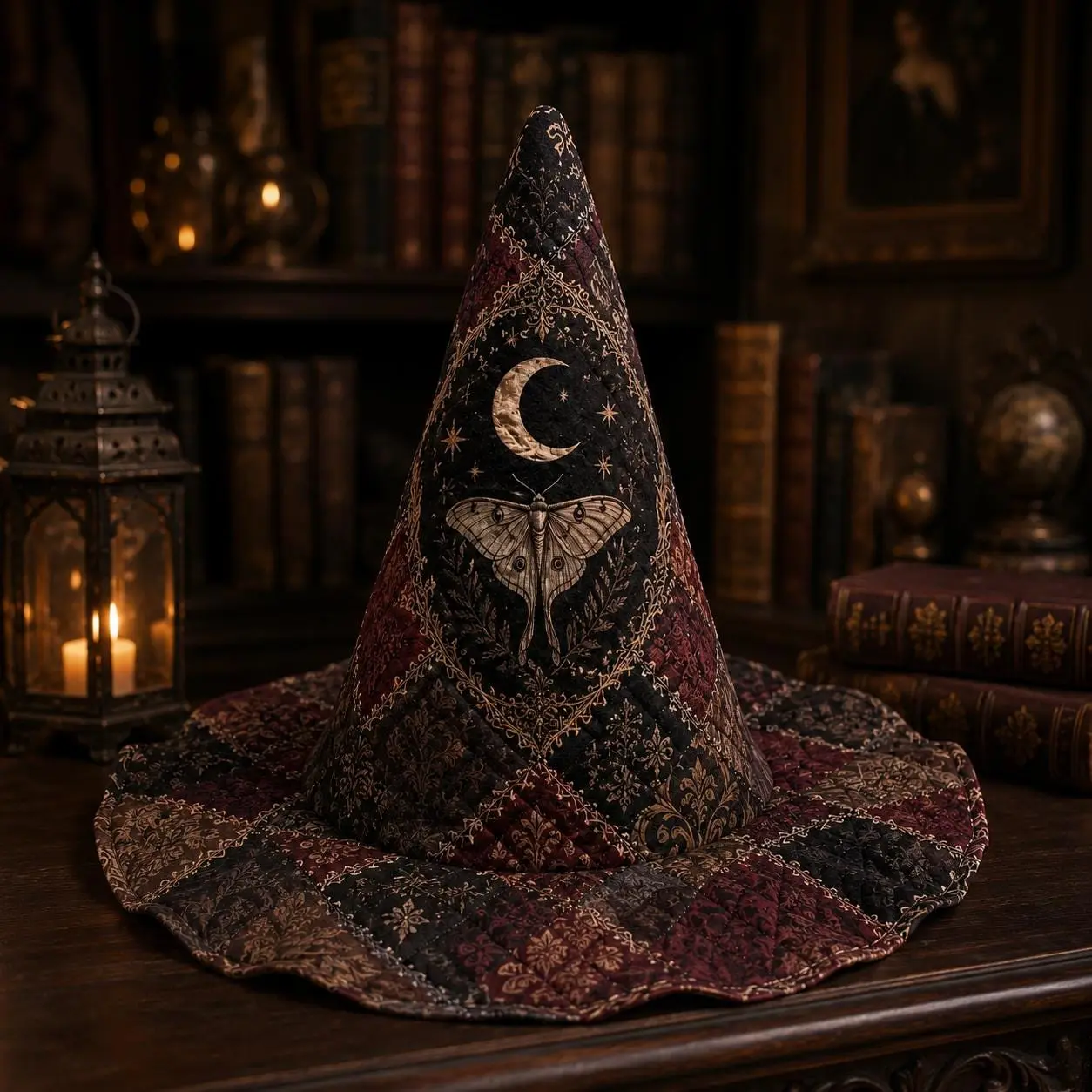 Halloween Quilted Witch Hat, Gothic Moon Moth Patchwork Hat, Dark Academia Witch Decor, Vintage Halloween Table Display