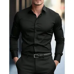 Manfinity Mode Men's Fashion Casual Business Commuting Men's Stand-Up Collar Solid Color Button Long Sleeve Shirt, Men's Formal Shirt, Men's Solid Color Shirt. Suitable For Daily Wear, Commuting To Work, Going Out, Party, Can Be Paired With Suit Pants Or