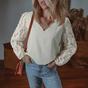 White Scalloped V Neckline Lace Hollowed Lantern Sleeve Blouse