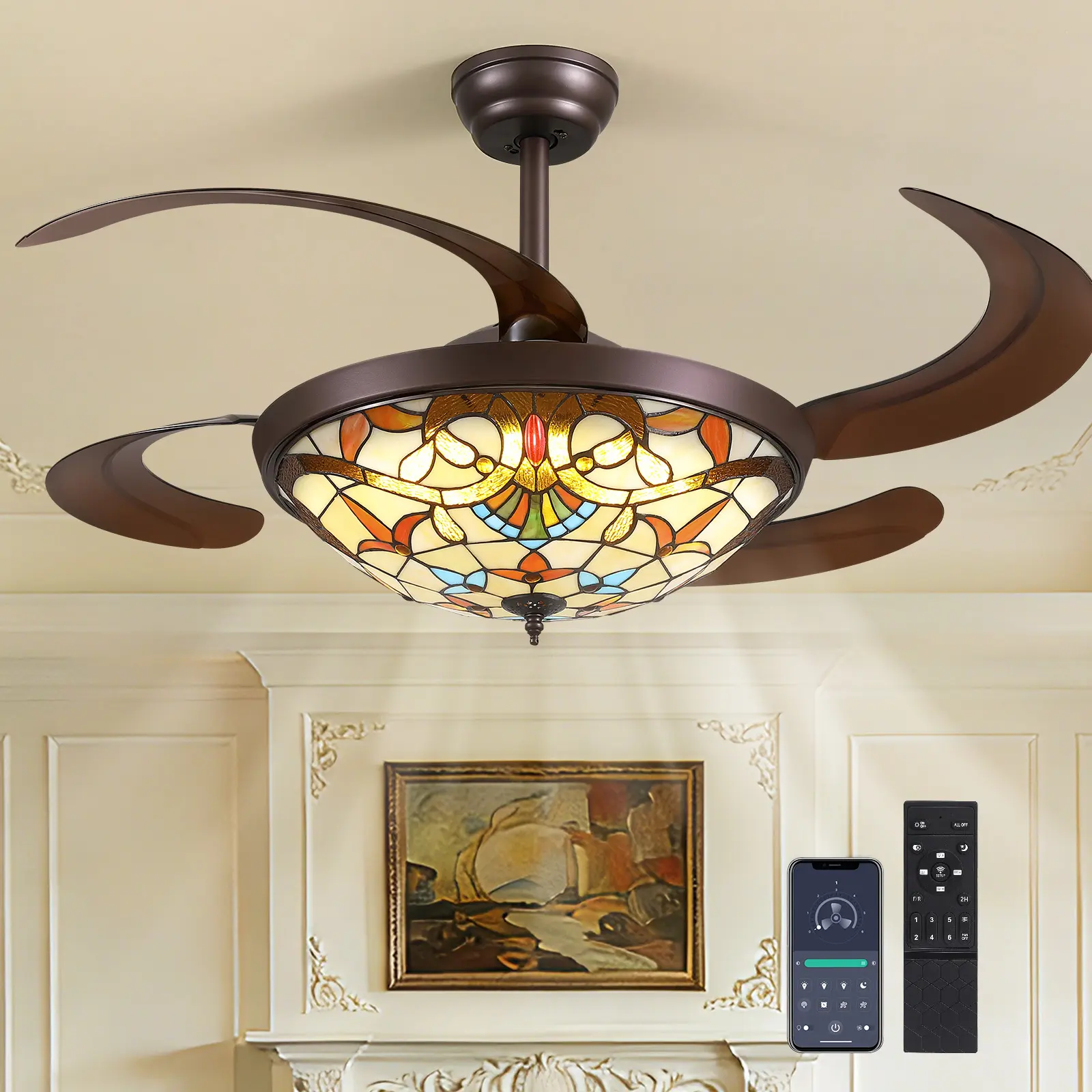Brown Tiffany Chandelier Fan Dimmable Retractable Remote/ Bluetooth APP Control,Smart Ceiling Fan with Light for Bedroom, Dining Room, Hotel, and Lobbies (48"/52")