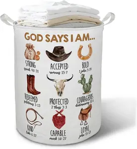 Western Christian Laundry Basket Hamper, Inspirational Bible Verse Foldable Clothes Toys Books Storage Box Bins Baskets Organizer for Boys Nursery Bedroom Bathroom Home