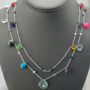 Long Multi Gemstone Necklace · 925 Sterling Silver · Dainty Layering Necklace · Handmade Jewelry · Boho Statement