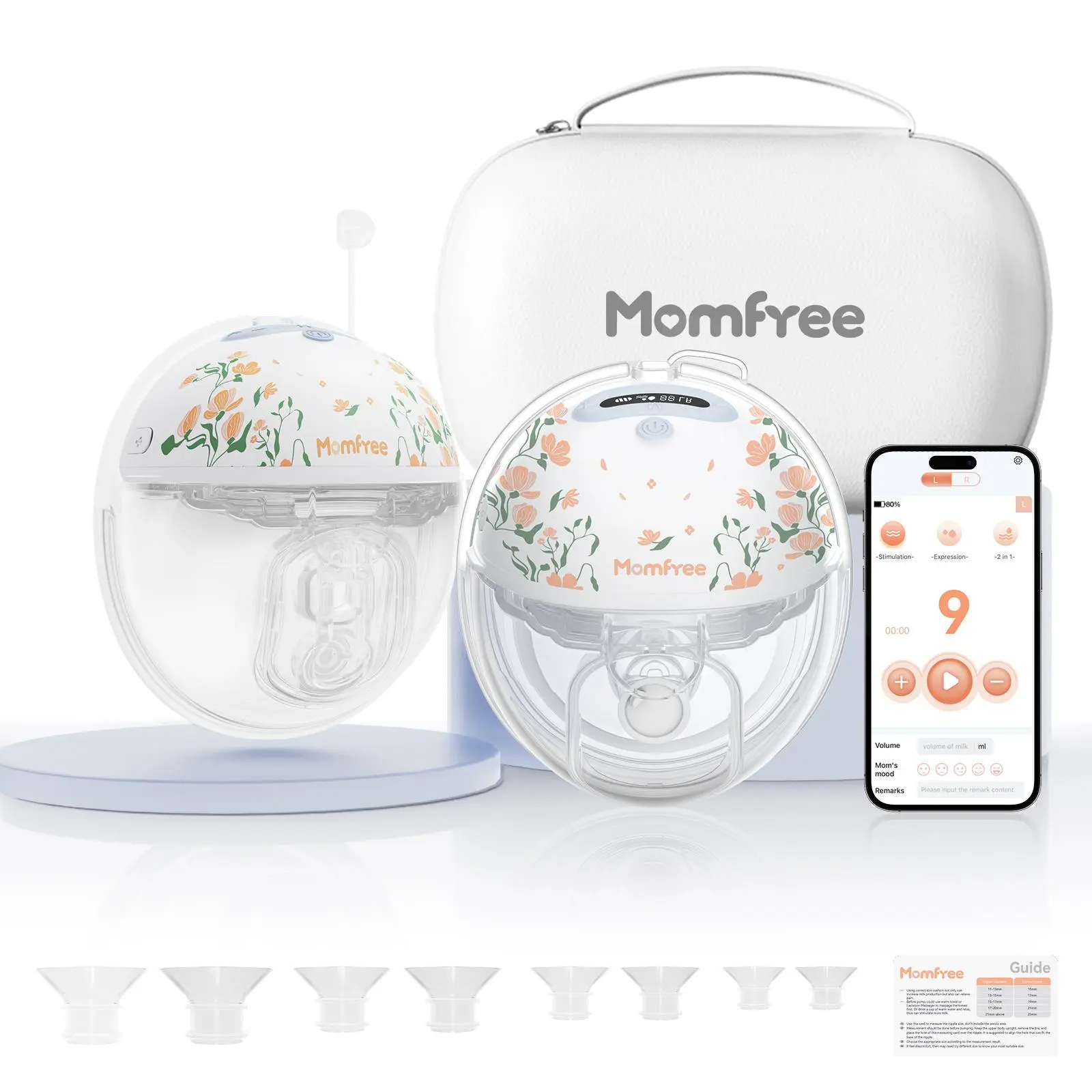 Momfree 2-Pack Hands-Free Electric Breast Pumps - Wireless, App Control, 3 Modes, 9 Levels, Independent Storage, Soft Cushion Sealed Insert for Newborn Nursing & Feeding