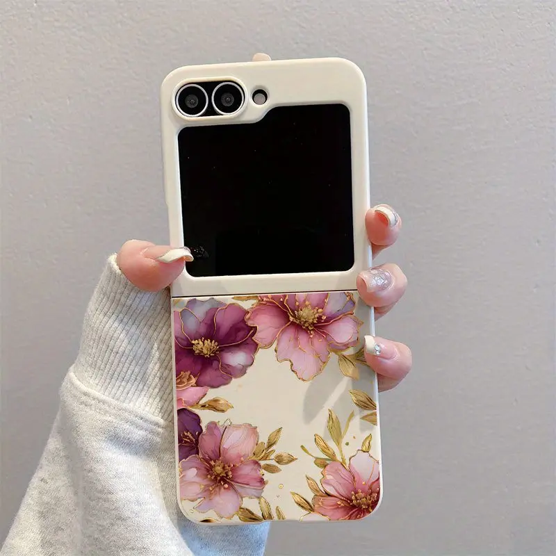Golden Edge Purple Pink Flower Bright White Pattern Case for Galaxy Z Flip 6, for  Galaxy Z Flip 5, for  Galaxy Z Flip 4, for Galaxy Z Flip 3 5G, TPU Phone Case Suitable for Galaxy Full Coverage Slim Lightweight, Mixed Durable Scratch-Resistant Shell