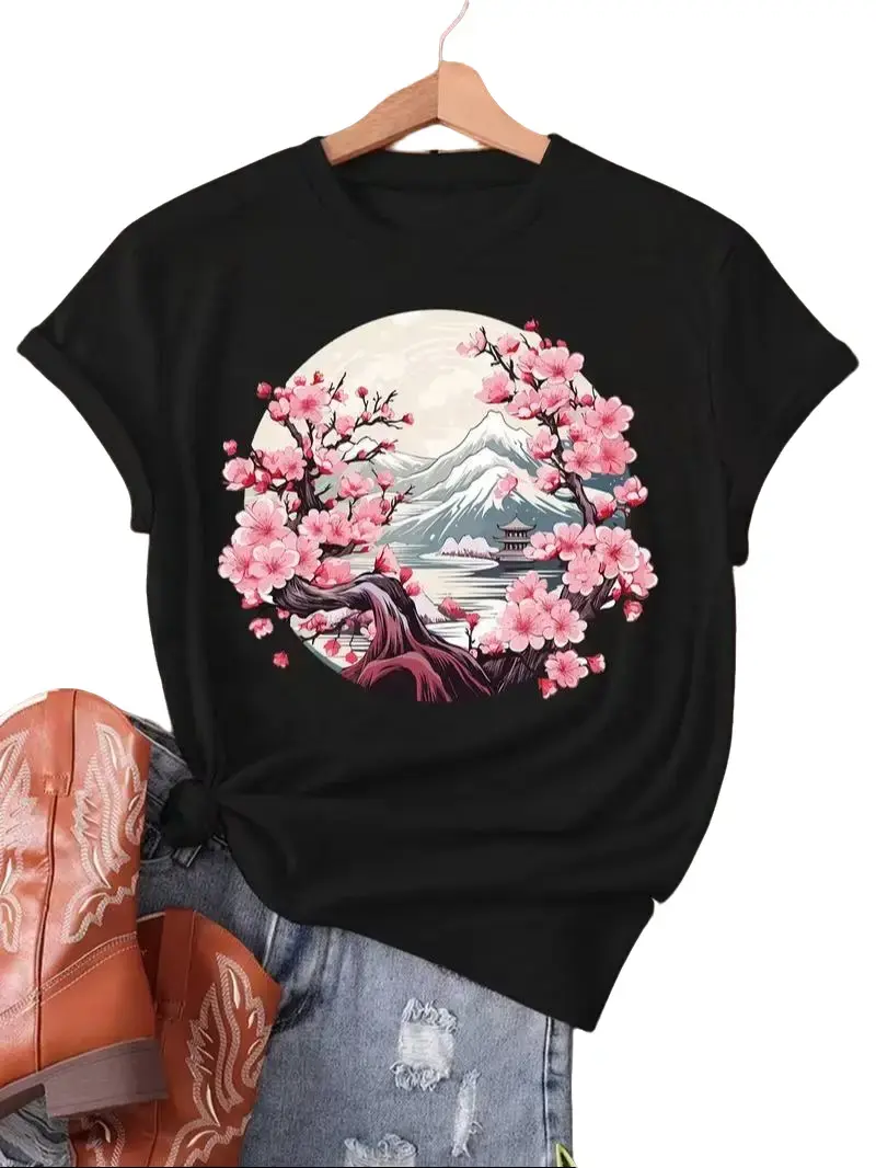 Men's Comfortable Traditional Floral Japanese Cherry Blossom Fuji Mountain Print Short-Sleeve Cotton T-Shirt - Essential Summer Top, Versatile Match for Skirts, Shortsleeve