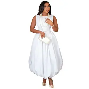 Summer Autumn Women's Ivory Basic Minimalist Sleeveless O-neck Long Dress for Beach Evening Party