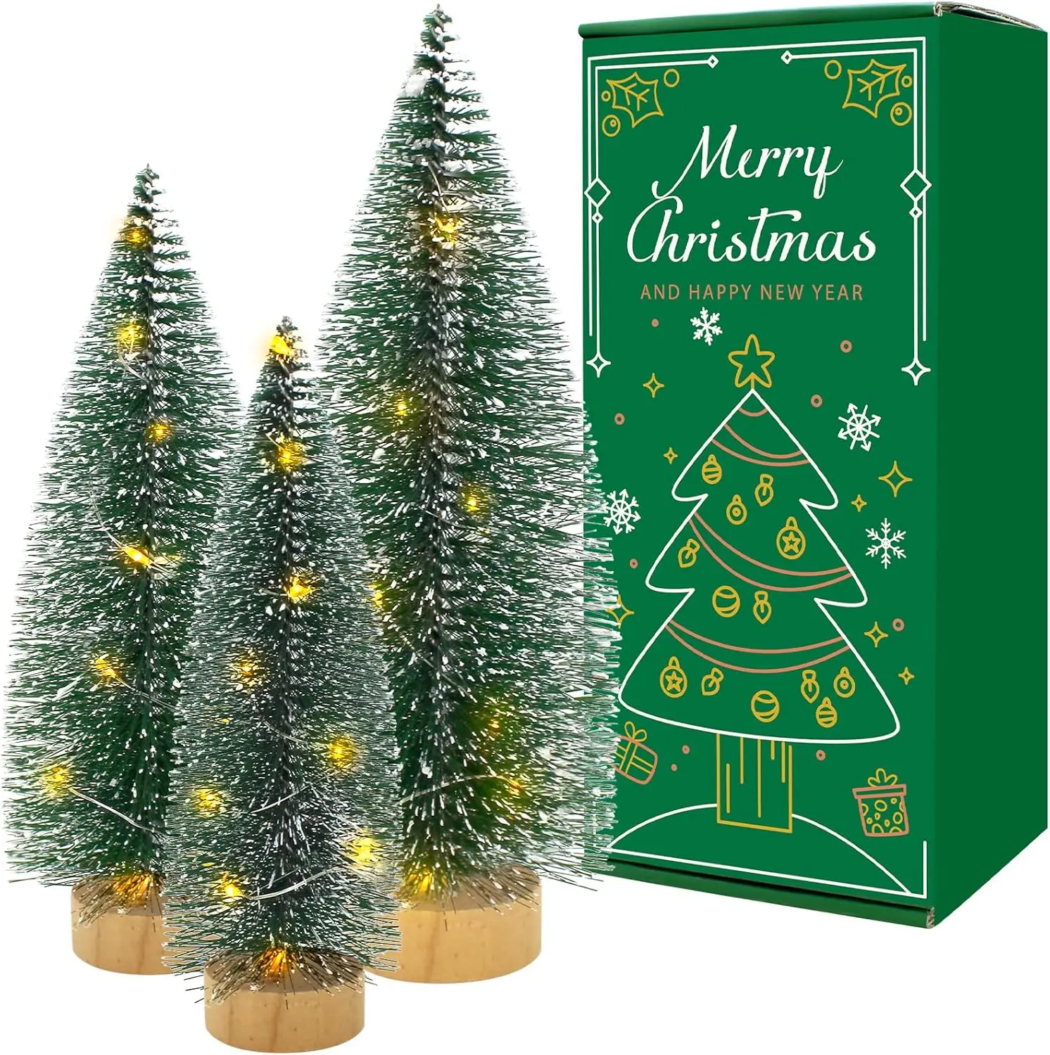 3 PCS Bottle Brush Christmas Trees with Lights, Mini Tabletop Christmas Tree Fo Giaueoa