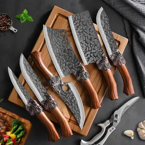 of professional kitchen chef knives, handmade forged stainless steel chef knife, multi-functional knife, boning knife, extremely sharp kitchen scissors, fish cutting knife, and butcher knife. Mother's Day gift. Dragon Meat Utensil 7Pcs Meatcleaverset Kitc