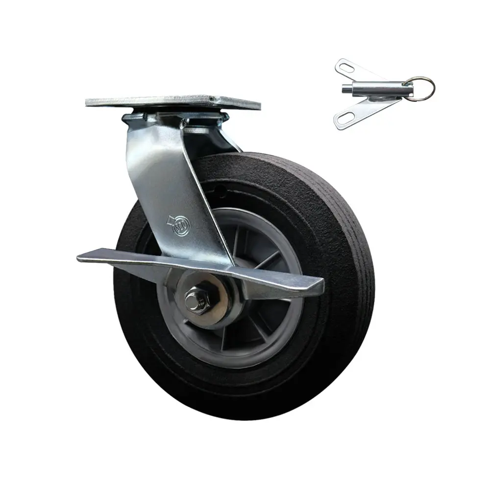 Service Caster Series No.100 SMOK-SCC-100S825-SNB-SLB-BSL BBQ Smoker Grill Swivel Casters, 8 in. Semi-Pneumatic Flat Free Solid Rubber Wheels, 440 lbs Capacity, Noise Reduction, Brake & Bolt-On Lock, All Terrain Easy Rolling, Maintenance Free
