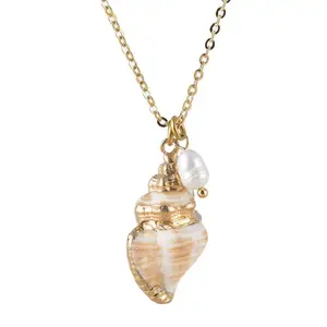 Coastal pearl necklace - gold dainty chain necklace with gold seashell and pearl pendant.