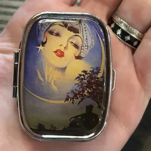 LADY in the MOON Vintage 1927 Magazine Advertising Vintage Small Pill Box Pill Organiser Ring Trinket Stash Medicine Vitamins Gum Tic Tacs Mint Metal Pill Bottle Case Dispenser Holder Travel Size gifts for girl For Boyfriend under 100 dollars