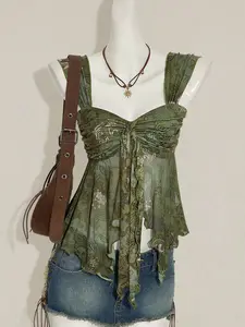 VYNCE Vintage Print Asymmetrical Hem Mesh Trim Women Tank Top