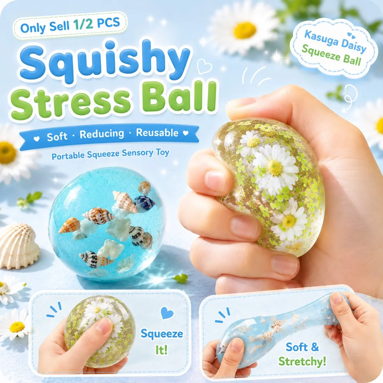 1/2 PCS Squishy Stress Balls, soft reducing Ball, Kasuga Daisy, Reusable, Portable Squeeze Sand Glutinous Squishy Fidgets Sensory Fidgety Toy, for Kid Boys Girls Teens Adult Women Men Kindergarten Birthday Christmas New Year