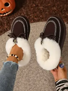 Women's Large Size Winter Plush Slippers, Warm Comfortable Casual Shoes, Round Toe Medium Width Ankle Boots for Home and Outdoor Use