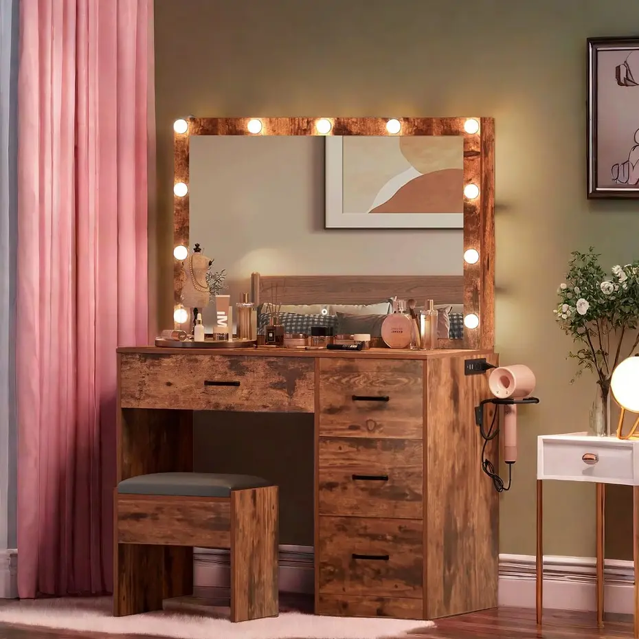 YITAHOME Makeup Vanity Desk with Large Lighted Mirror Power Outlet LED Strip, 3 Color Lighting Modes with Adjustable Brightness, 4 Drawer Vanity Table with Cushioned Stool for Bedroom