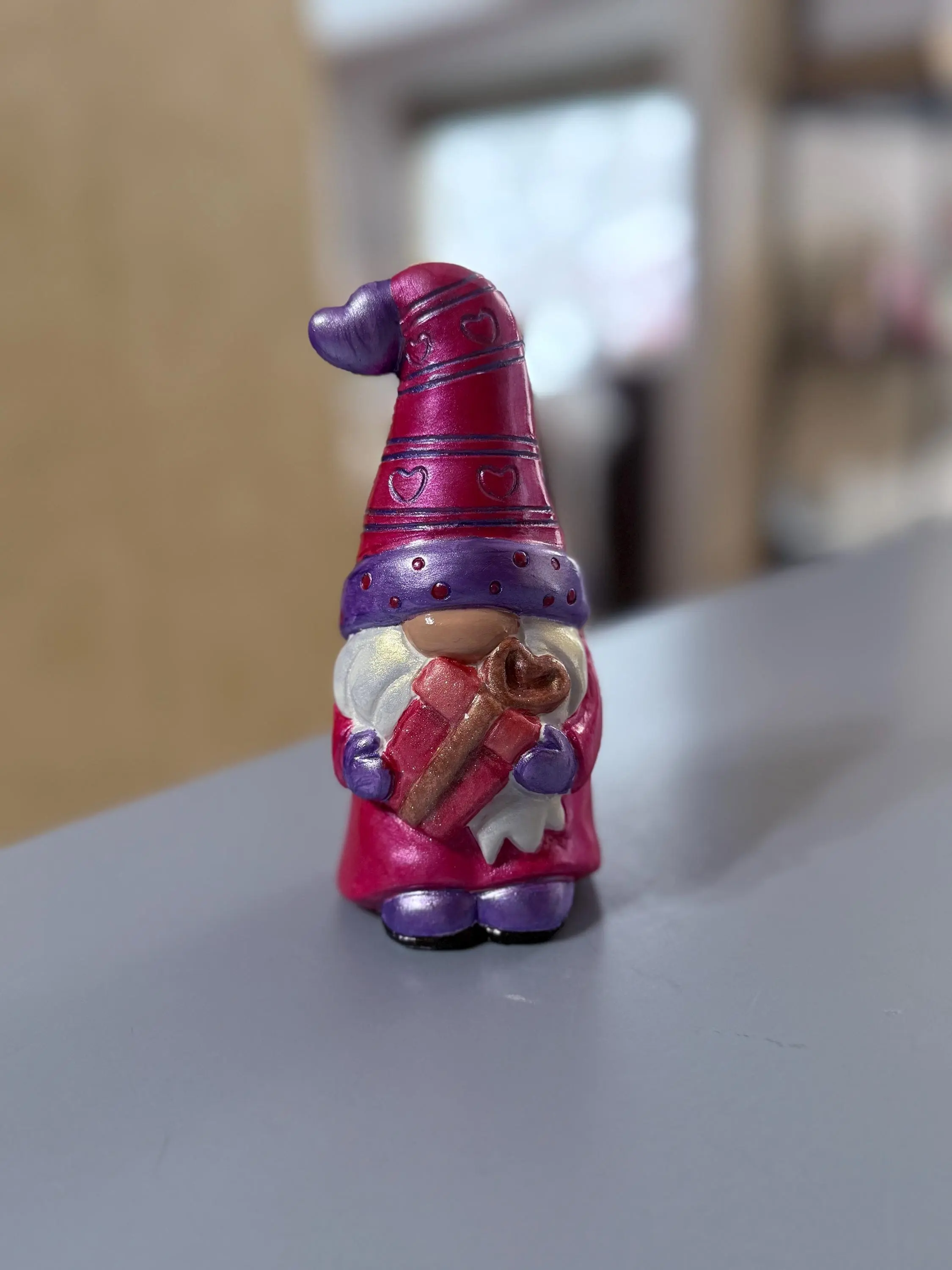 Hand Painted Ceramic Valentine Gnome Figurine, Metallic Purple & Red, One of a Kind Boho Decor, Heart Hat Gnome, Valentine Gift