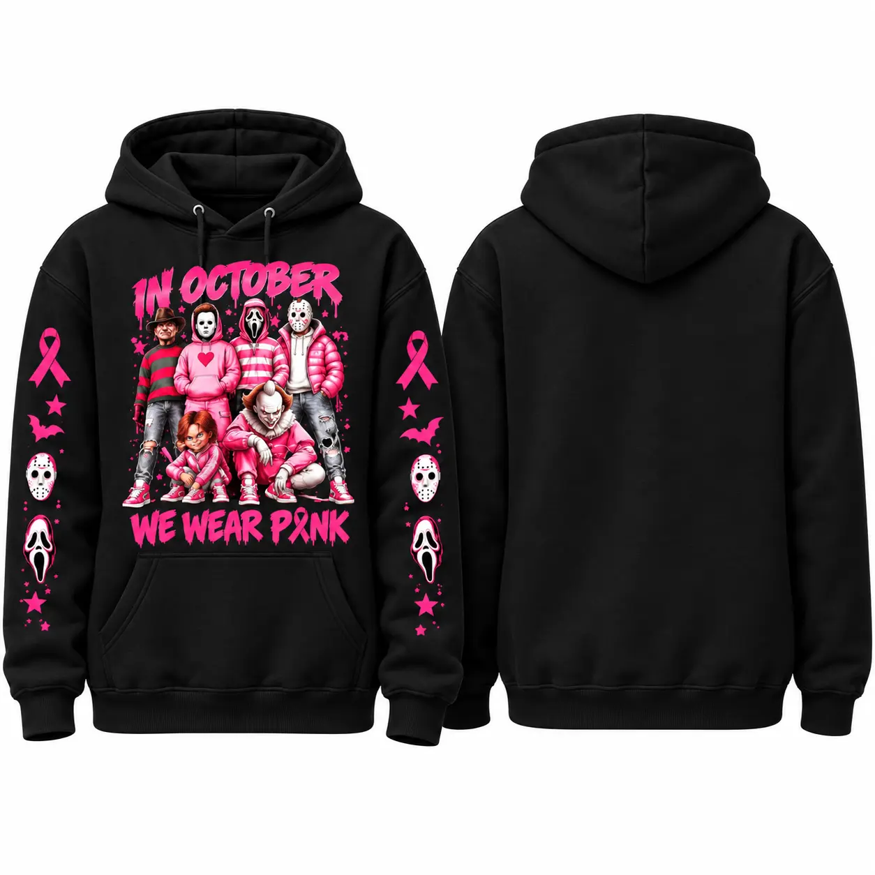 Menswear Long Pink October Horror Graphic Hoodie with Kangaroo Pocket, Spooky Character Print, Awareness Ribbon Sleeve, Cozy Unisex Pullover, Halloween Streetwear, Matching Winter Casual Outfit, Halloween Gifts for GF