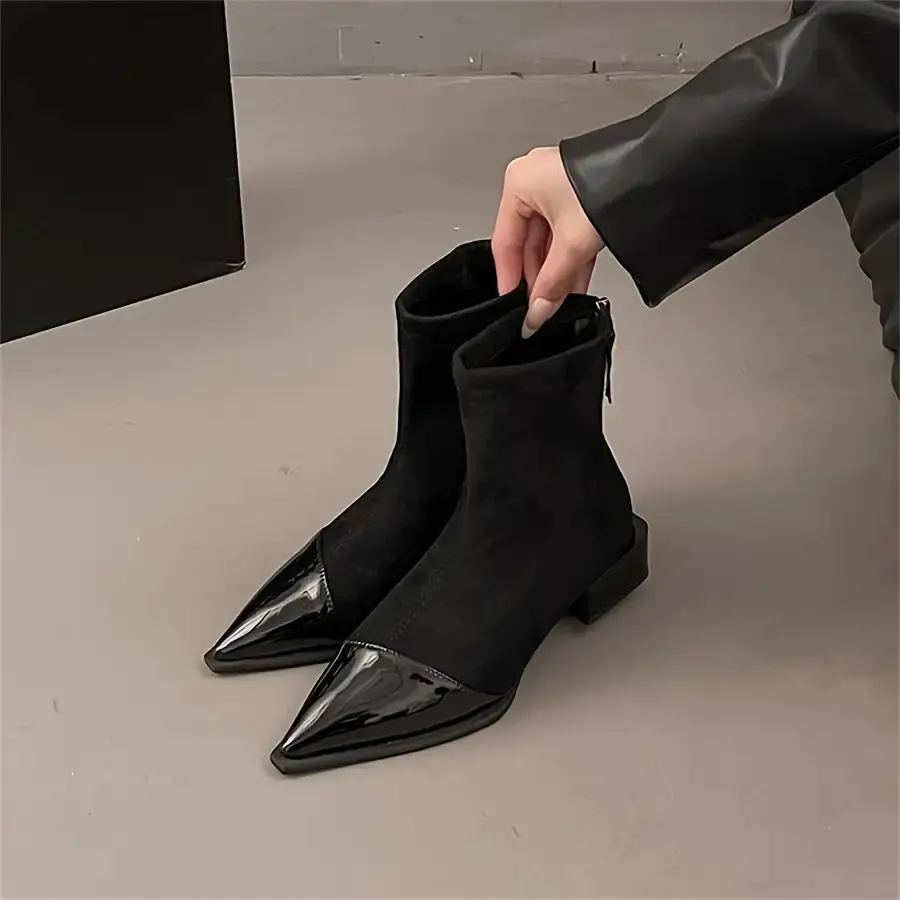 Women'S Chunky Low Heel Ankle Boots - Pointed Toe Zipper Closure, Slip-Resistant Rubber Sole, Cushioned Insole - Burgundy/Black/ - Everyday & Formal Outfits - Fall Fashion Footwear, Burgundy Ankle Boot Women Heel, Burgundy Boot For Women