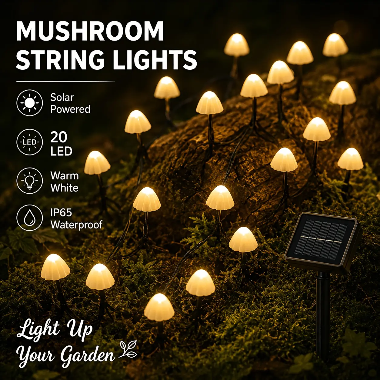 Solar mushroom light strip with 20 LED lights - IP65 waterproof, warm white mushrooms, 8 flashing modes, easy installation, suitable for outdoor garden and courtyard path lighting decoration.