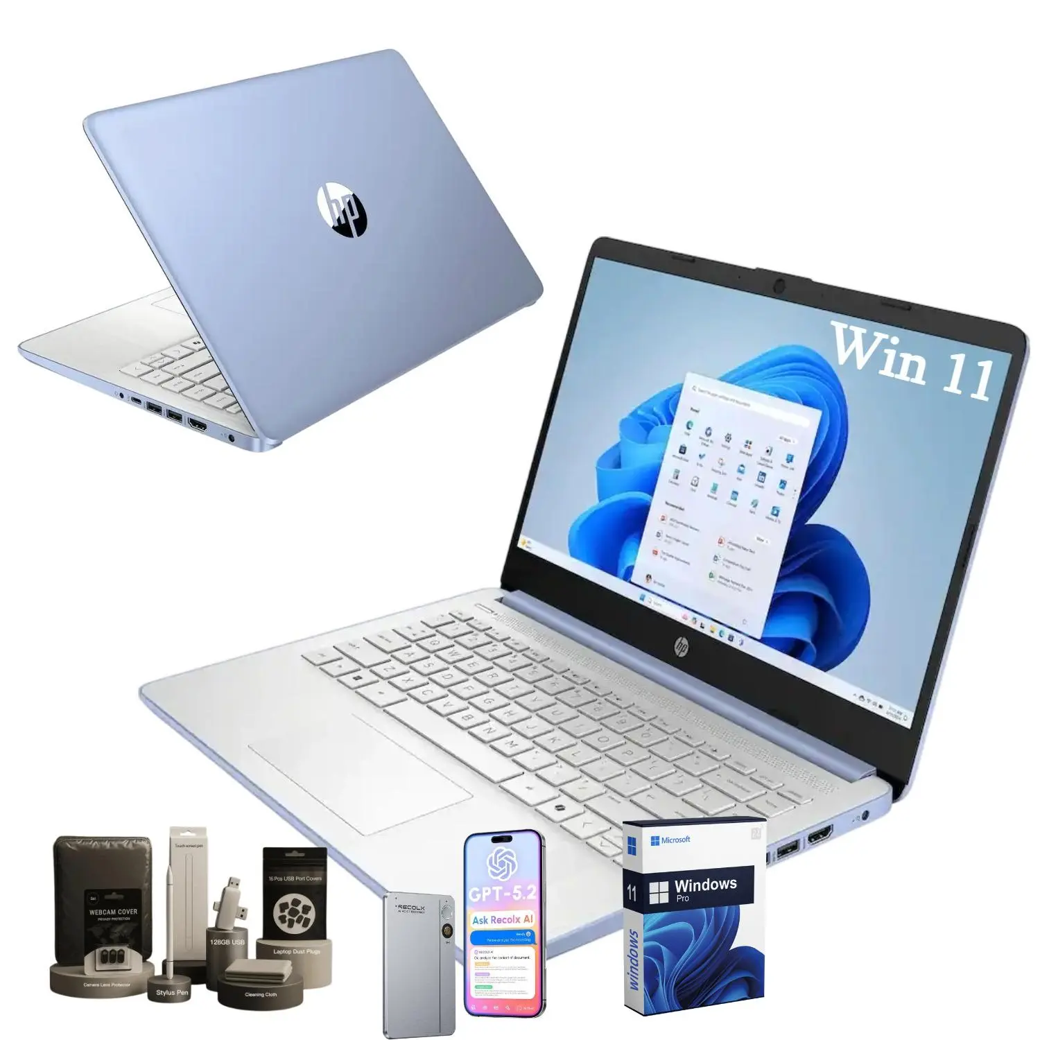 HP 14 Inch Student Laptop, Intel Processor N150 Up to 3.6GHz, 4GB RAM 128GB Storage, 1 Year Office 365, Windows 11 Pro Slim Notebook for School & Daily Work,Bundle Accessories